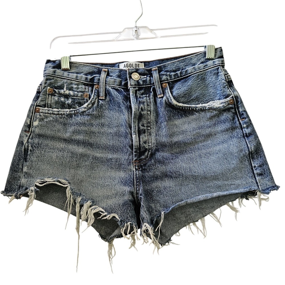 Agolde Parker Shorts 28 Blue Denim Med‎ Washed High Rise Raw Hem Button Fly Boho